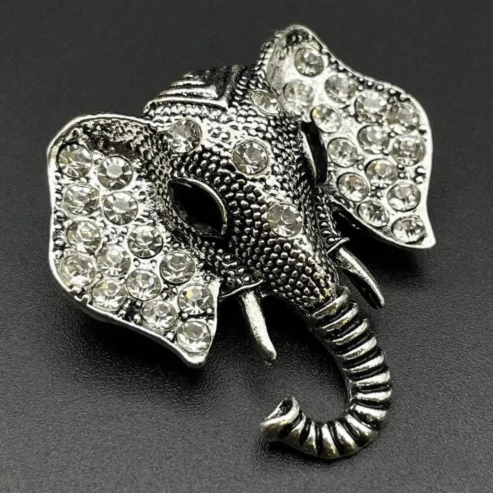 Silver with White Diamond and Black Onyx Crystal Elephant Pin Back Brooch